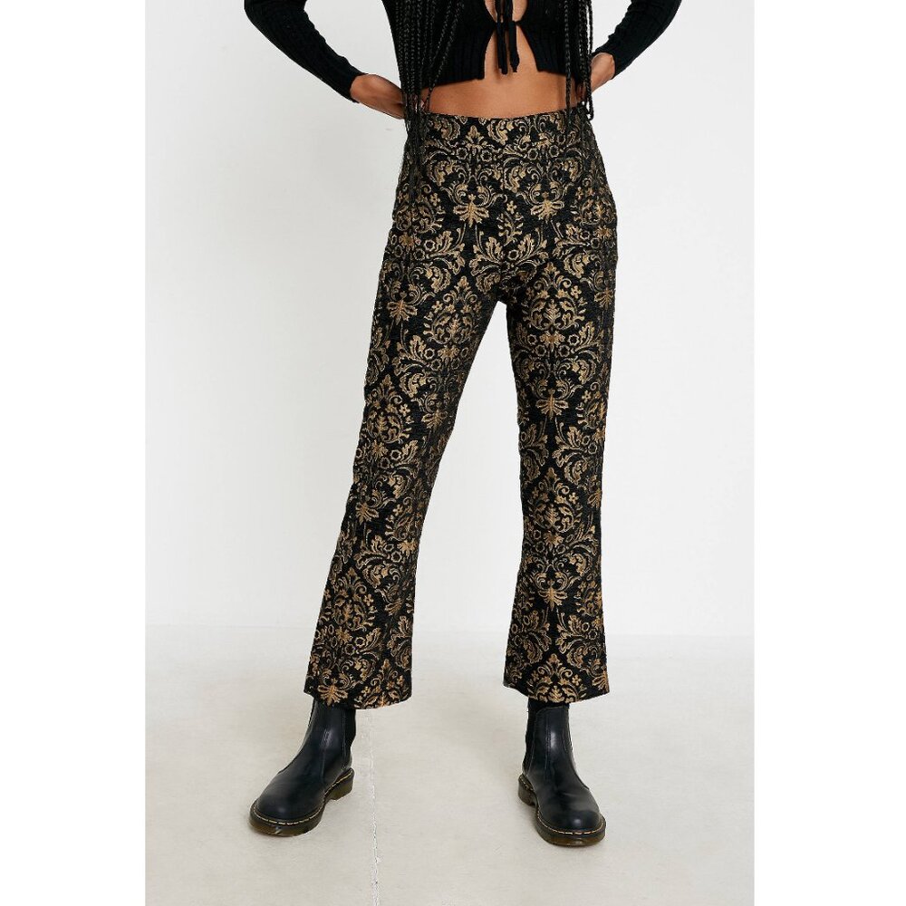 Urban Outfitters | Nicky Jacquard Black & Gold Flare Trousers | Size 4